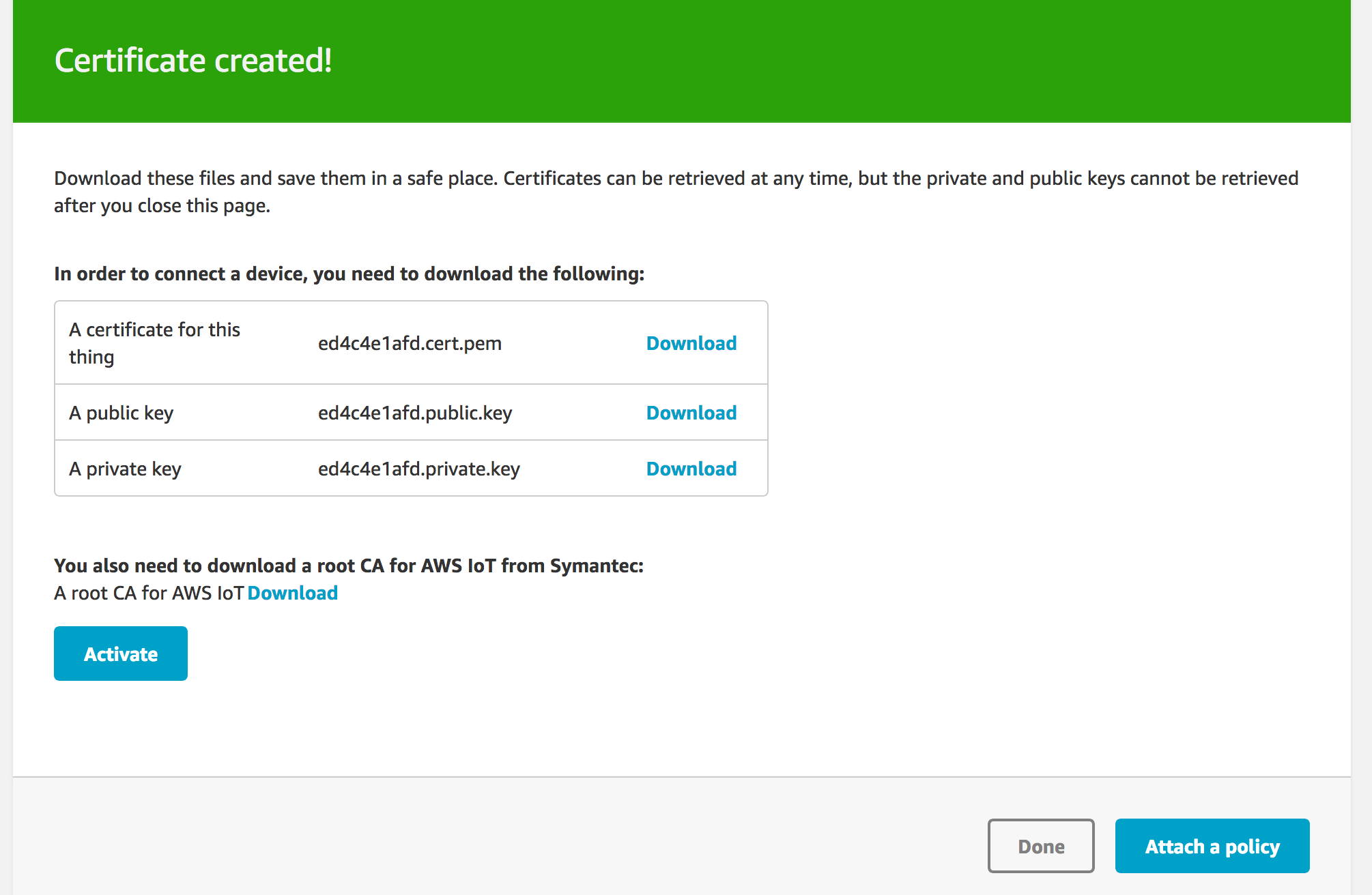 AWS iOT create certificate